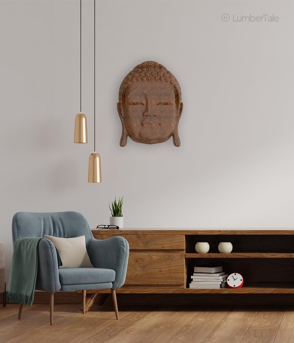 Brown Gautam Buddha Spiritual 3D Wooden Art Crafted Wall Hanging Sculpture For Home Decor