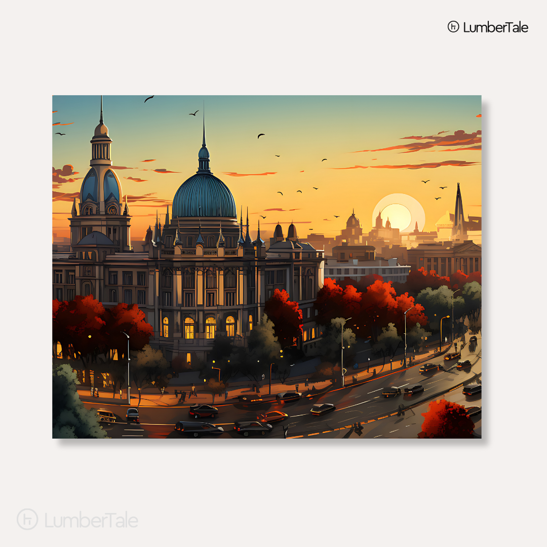 Dome Dreams – Golden Hour Over the City on Stretched Canvas