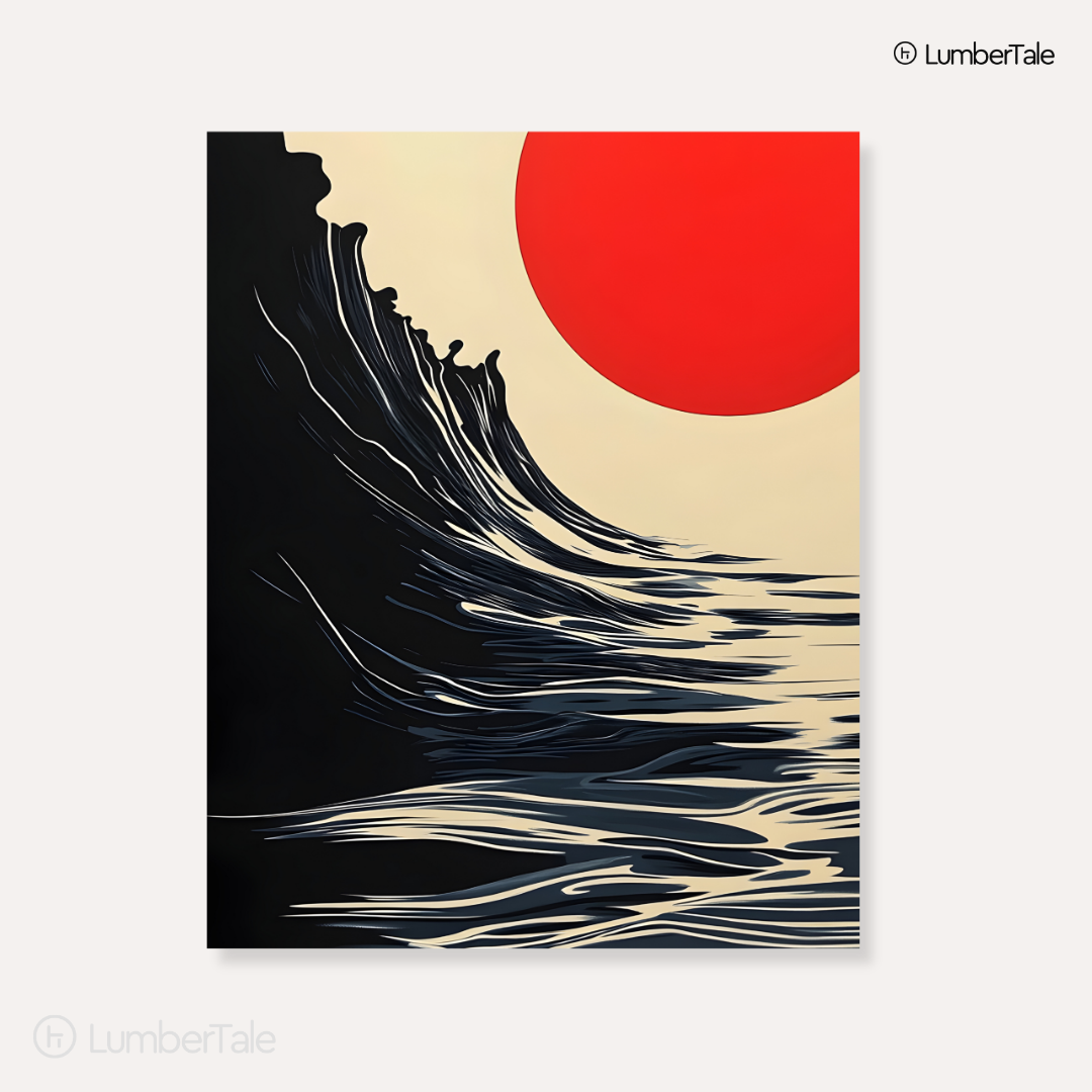 Red Sun, Black Tide - Zen Chaos Energy - Stretched Canvas For Statement Walls, Calm Corners, and Mood-Lit Spaces