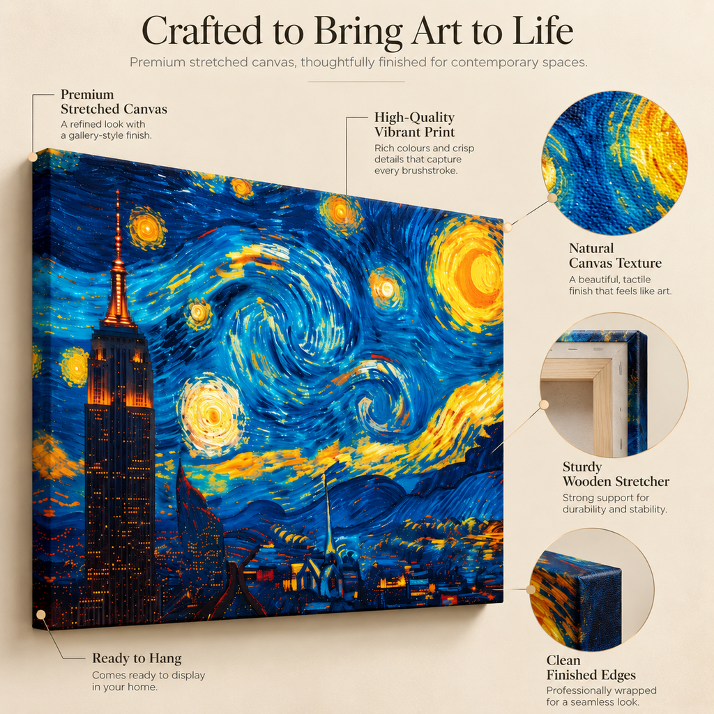 Starry Nights & City Lights – Van Gogh Hits NYC – Stretched Canvas for Dreamers, Creators & Skyline Addicts
