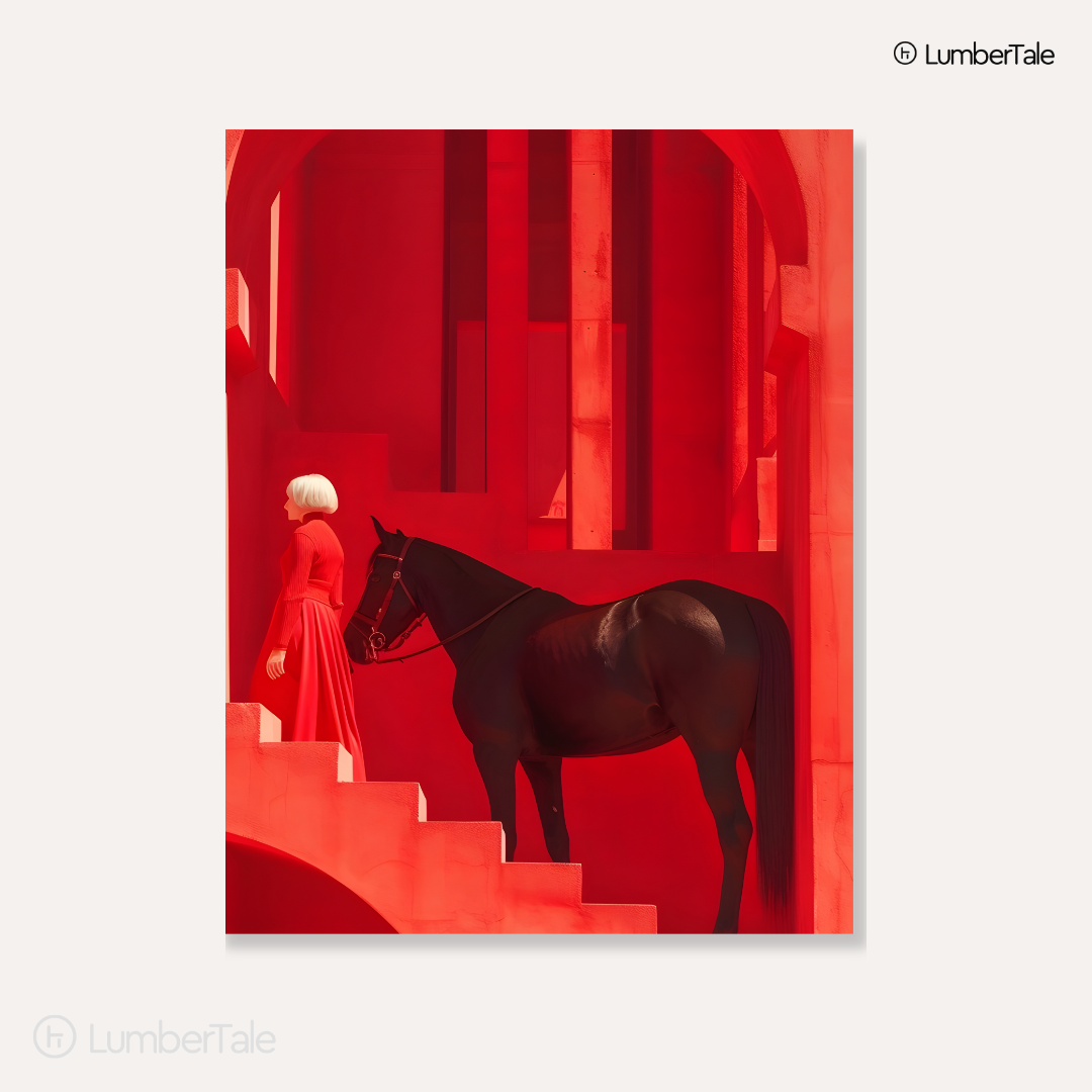 The Keeper of Red Silence – Equine Poise in a Crimson Labyrinth – Stretched Canvas for Luxe Interiors, Art-Focused Corners & Statement Spaces