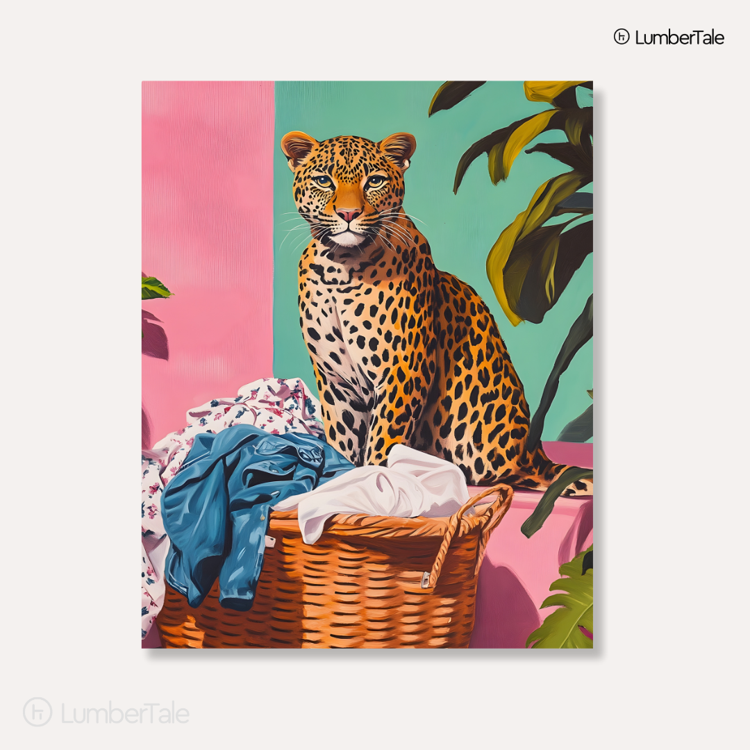 Leopard in the Laundry Room – Wild Meets Domestic – Stretched Canvas for Bold Corners, Quirky Walls & Unapologetic Interiors